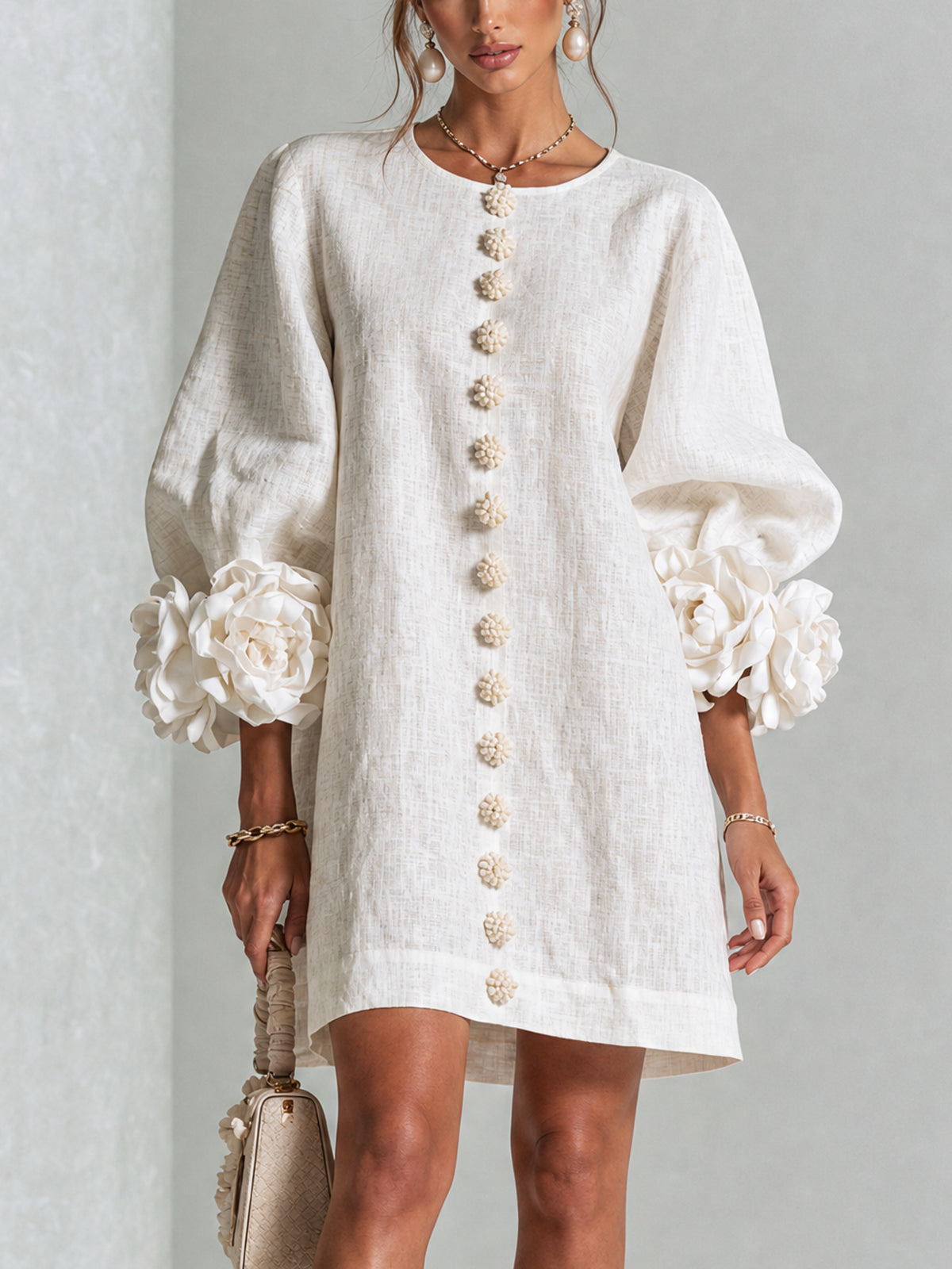 Frederica short floral-cuff dress in white, front view