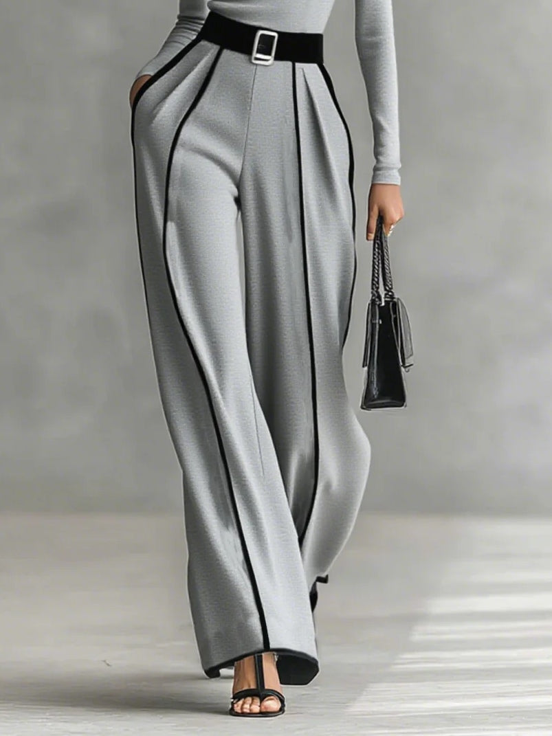Adèle grey wide-leg trousers with black piping, lower body view