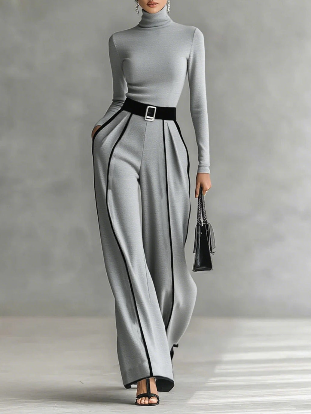 Adèle contrast-trim set in grey with black piping, full front view
