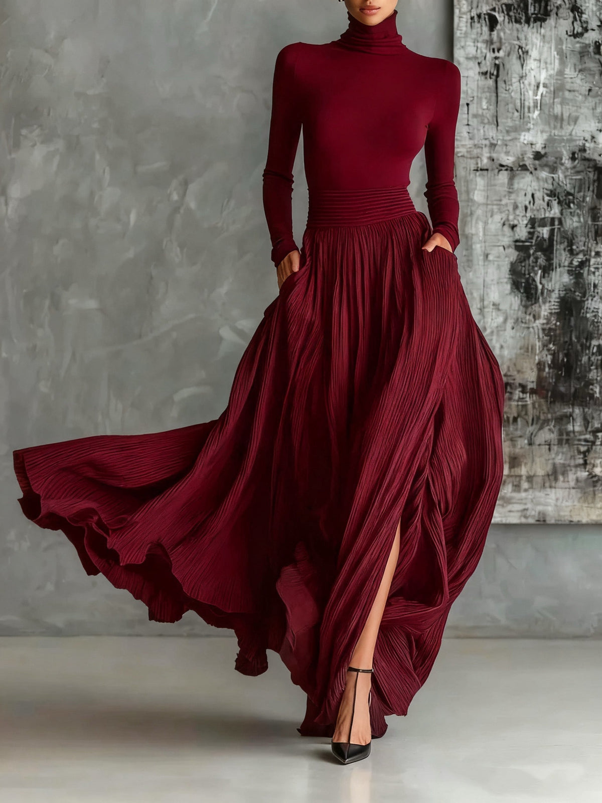 Prudence turtleneck and pleated skirt set in burgundy, full-length front view