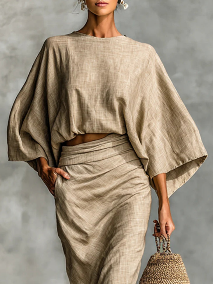 Julia 2-piece set in khaki, close view of batwing sleeves and gathered waistband