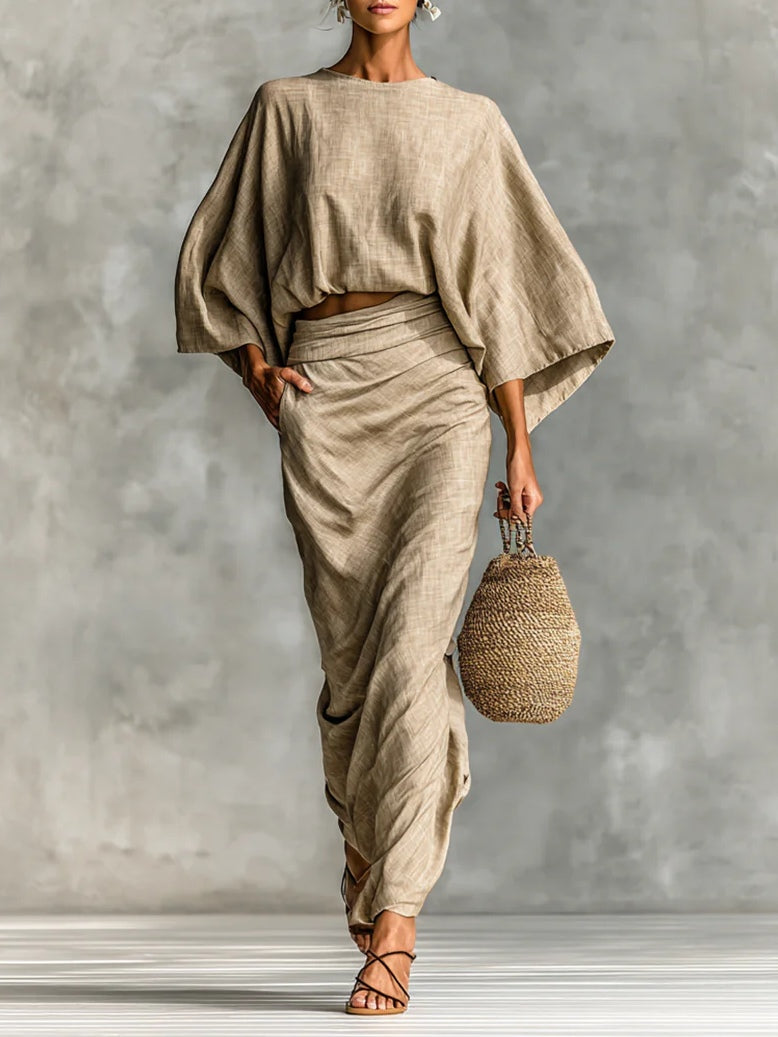 Julia two-piece batwing top and long skirt set in khaki, full-length front view