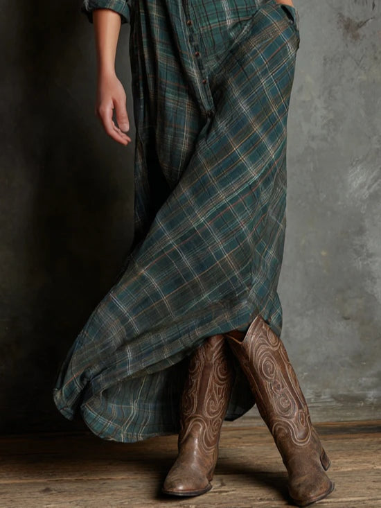 Margaux maxi shirt dress in green plaid, close view of flowing skirt