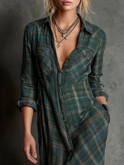 Margaux maxi shirt dress in green plaid, close view of collar and placket