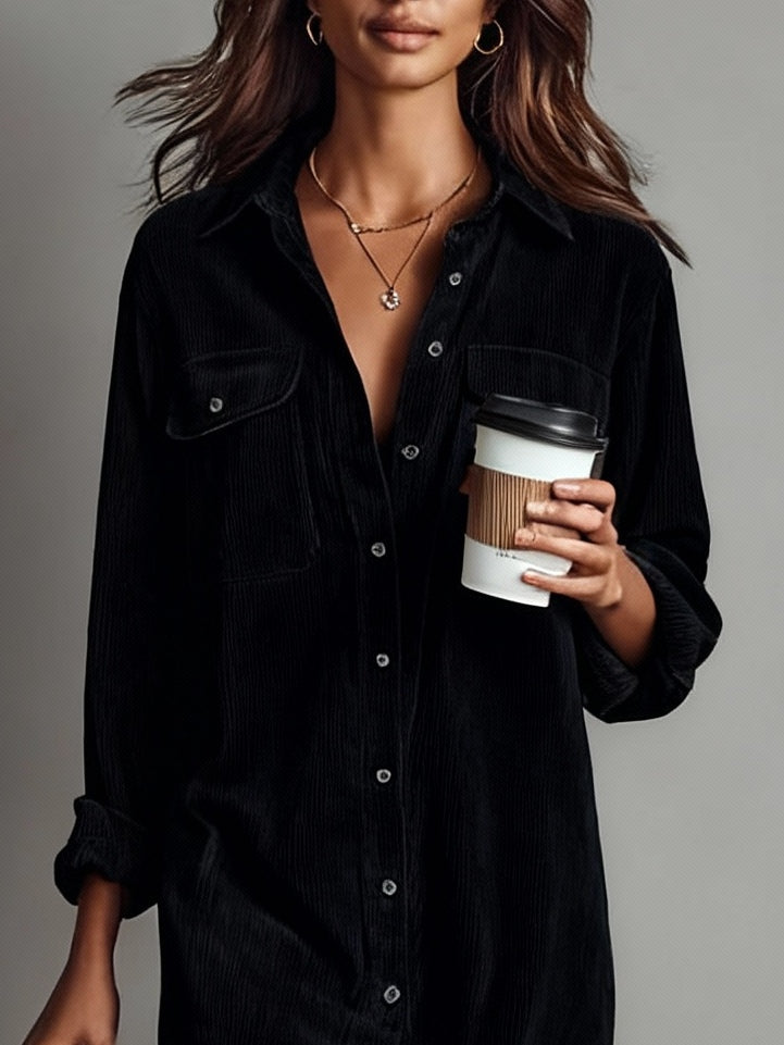 Corduroy midi dress in black, close-up of collar and button placket