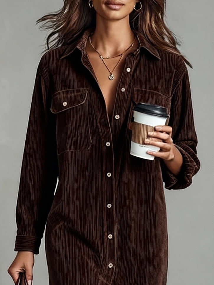 Béatrice | Corduroy Midi Dress with Pockets & Button Front