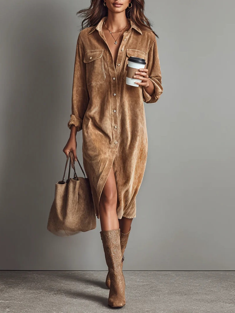 Corduroy midi shirt dress in brown, full-length front view with boots