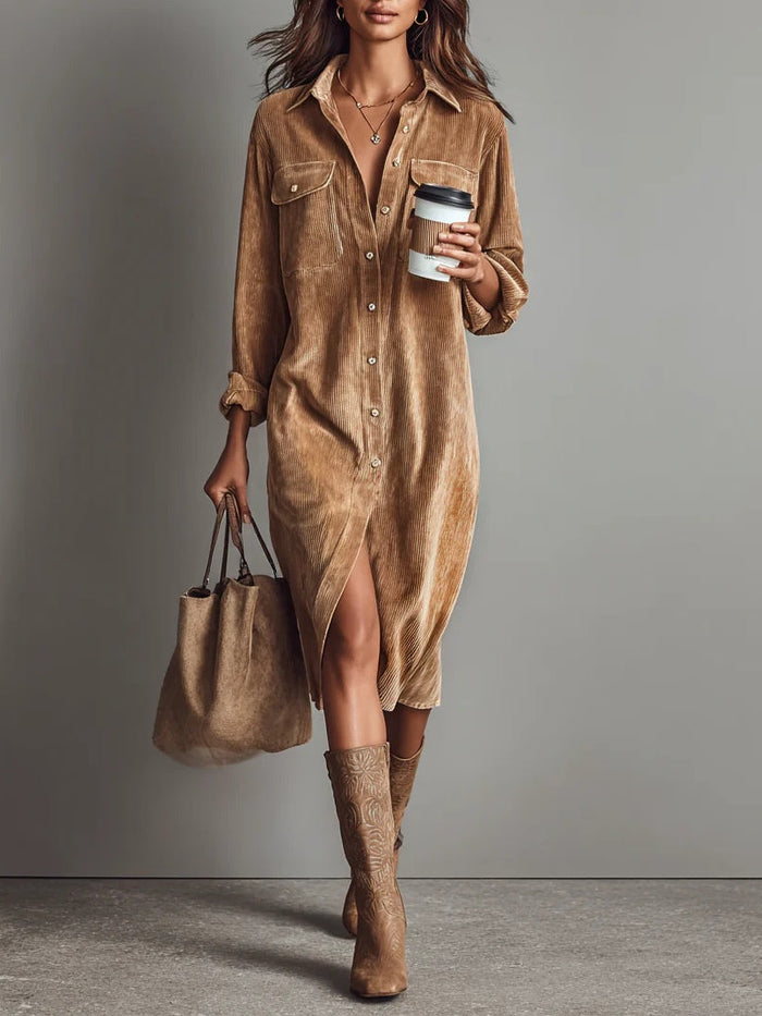 Corduroy midi shirt dress in brown, full-length front view with boots