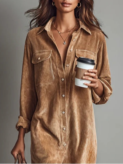 Corduroy midi dress in brown, close-up of collar and flap chest pockets