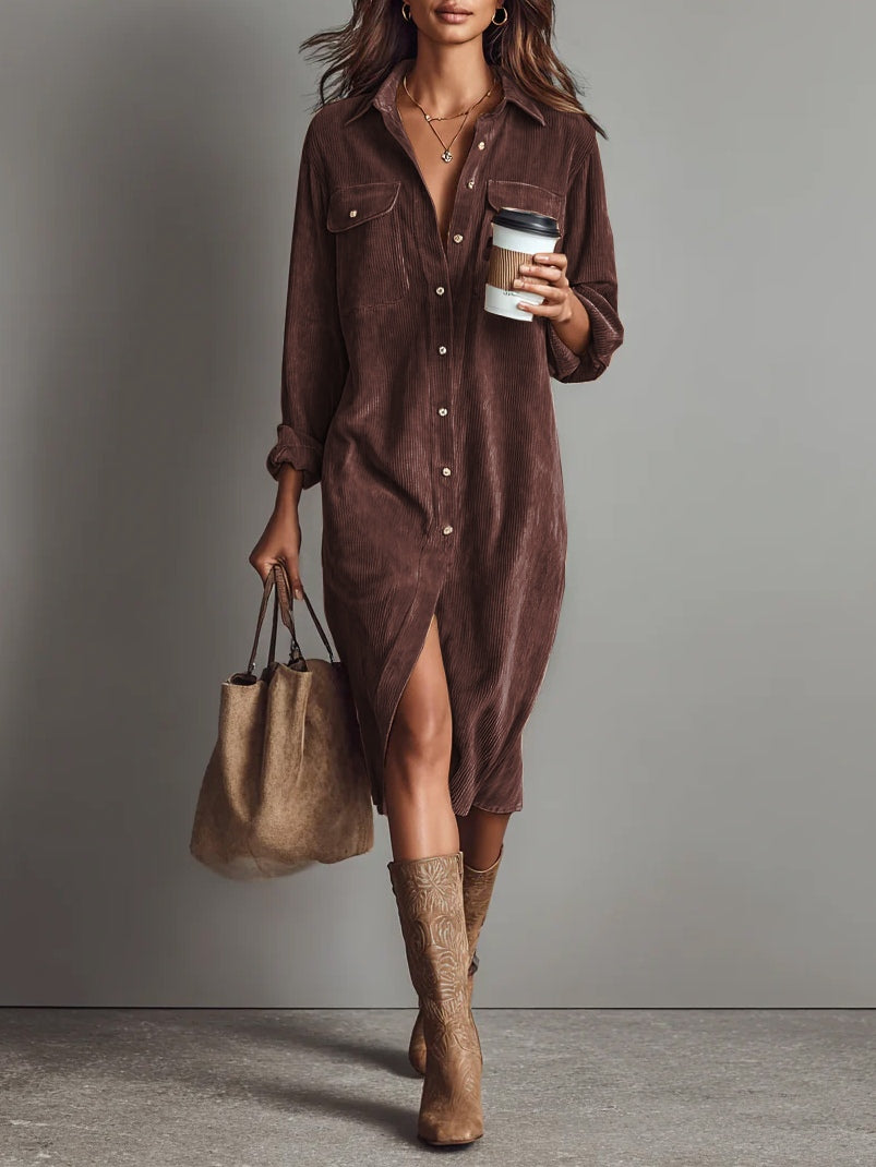 Béatrice corduroy midi dress in brown, full-length front view