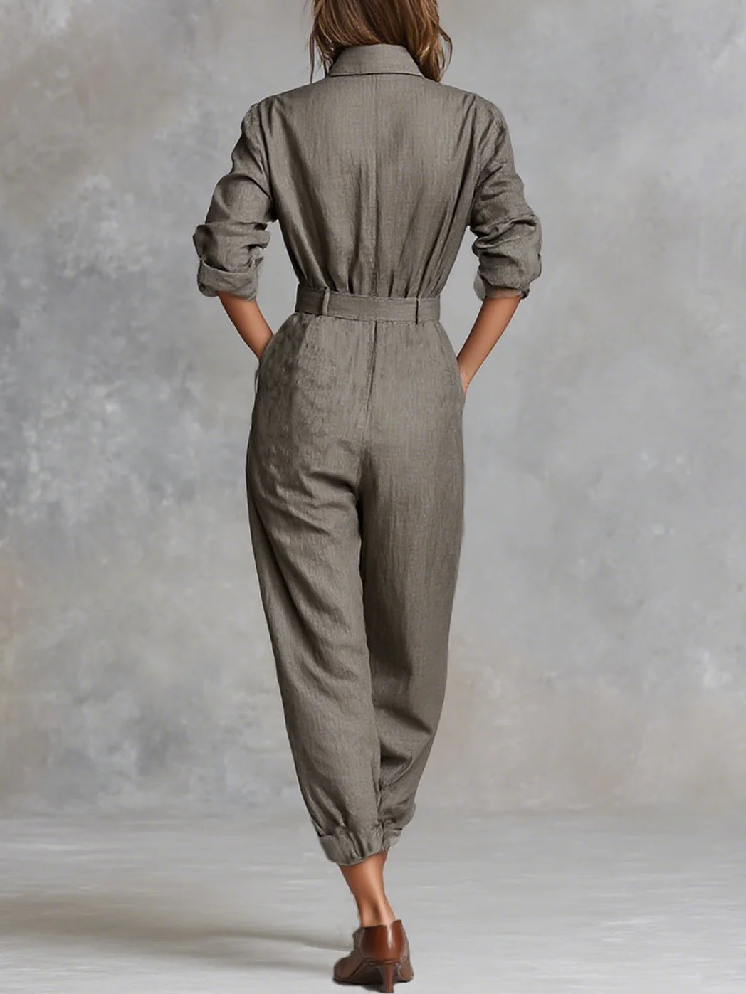 Long-sleeve jumpsuit in taupe, full-length back view