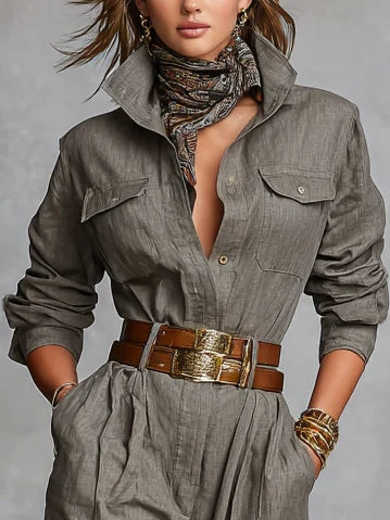 Long-sleeve jumpsuit in taupe, close-up of shirt collar and chest pockets