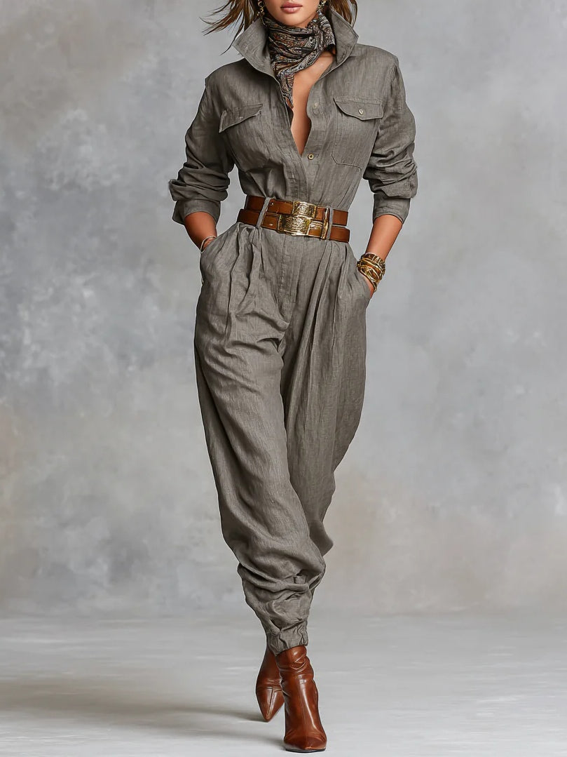 Long-sleeve jumpsuit in taupe, full-length front view with belt