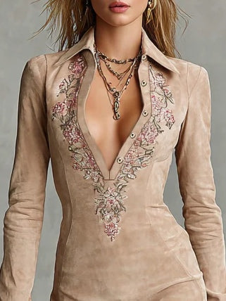 Arawen suede dress in beige, close view of lapel collar and deep neckline