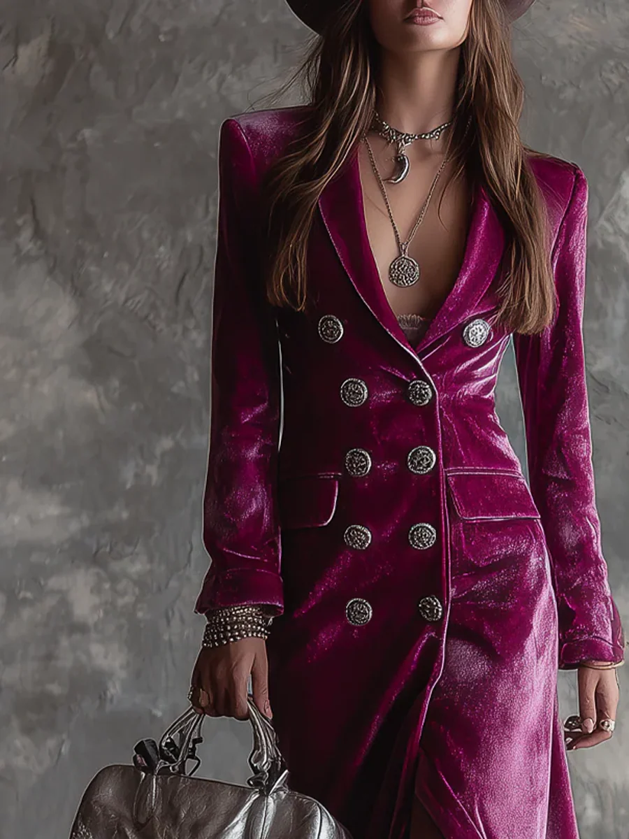 Amelia velvet blazer dress in purple, close-up of double-breasted buttons