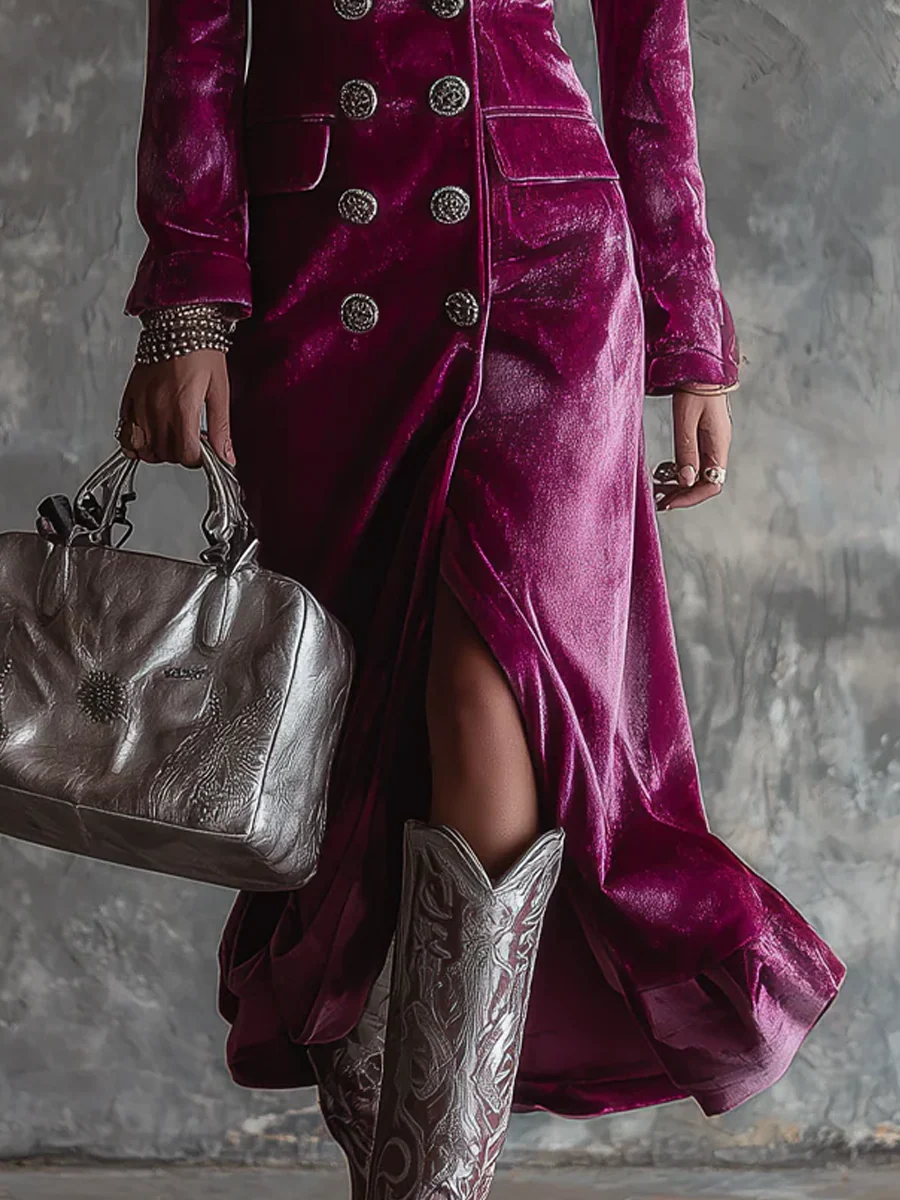 Amelia velvet blazer dress in purple, detail of hip pockets and front slit