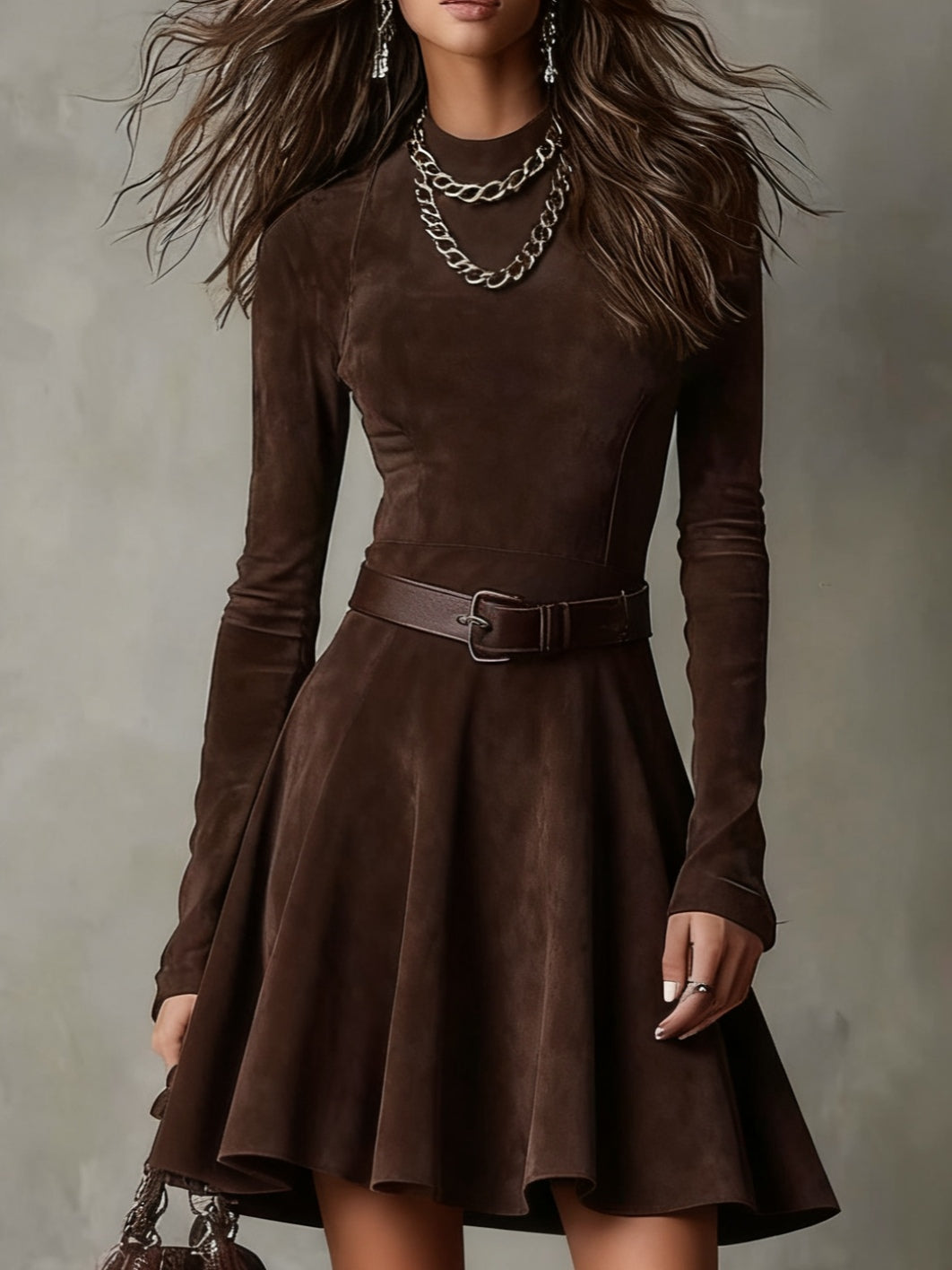 Thalasso suede mock neck mini dress in dark brown, front view with belted waist
