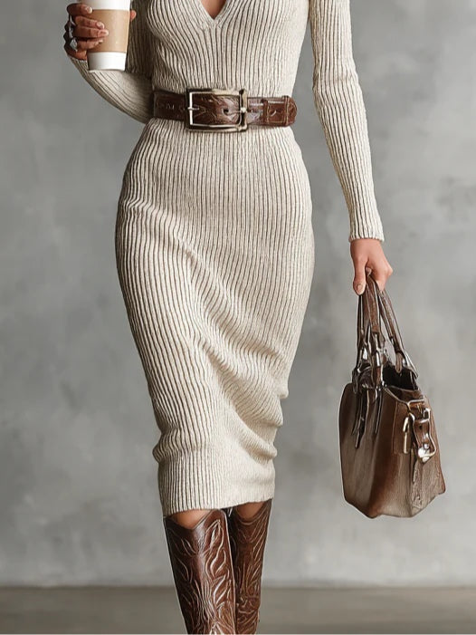 Delphino knit midi dress in beige, close-up of belted waist and midi skirt