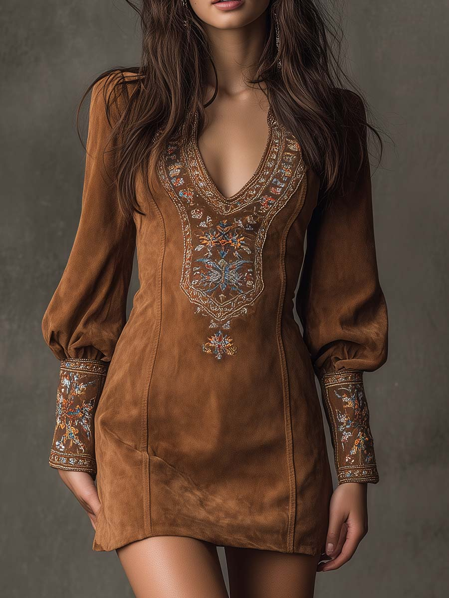 Izolda embroidered mini dress in brown, front view with deep V-neckline