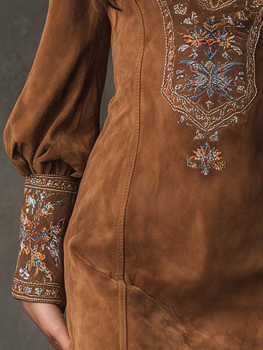 Izolda mini dress in brown, detail of embroidered sleeve cuff