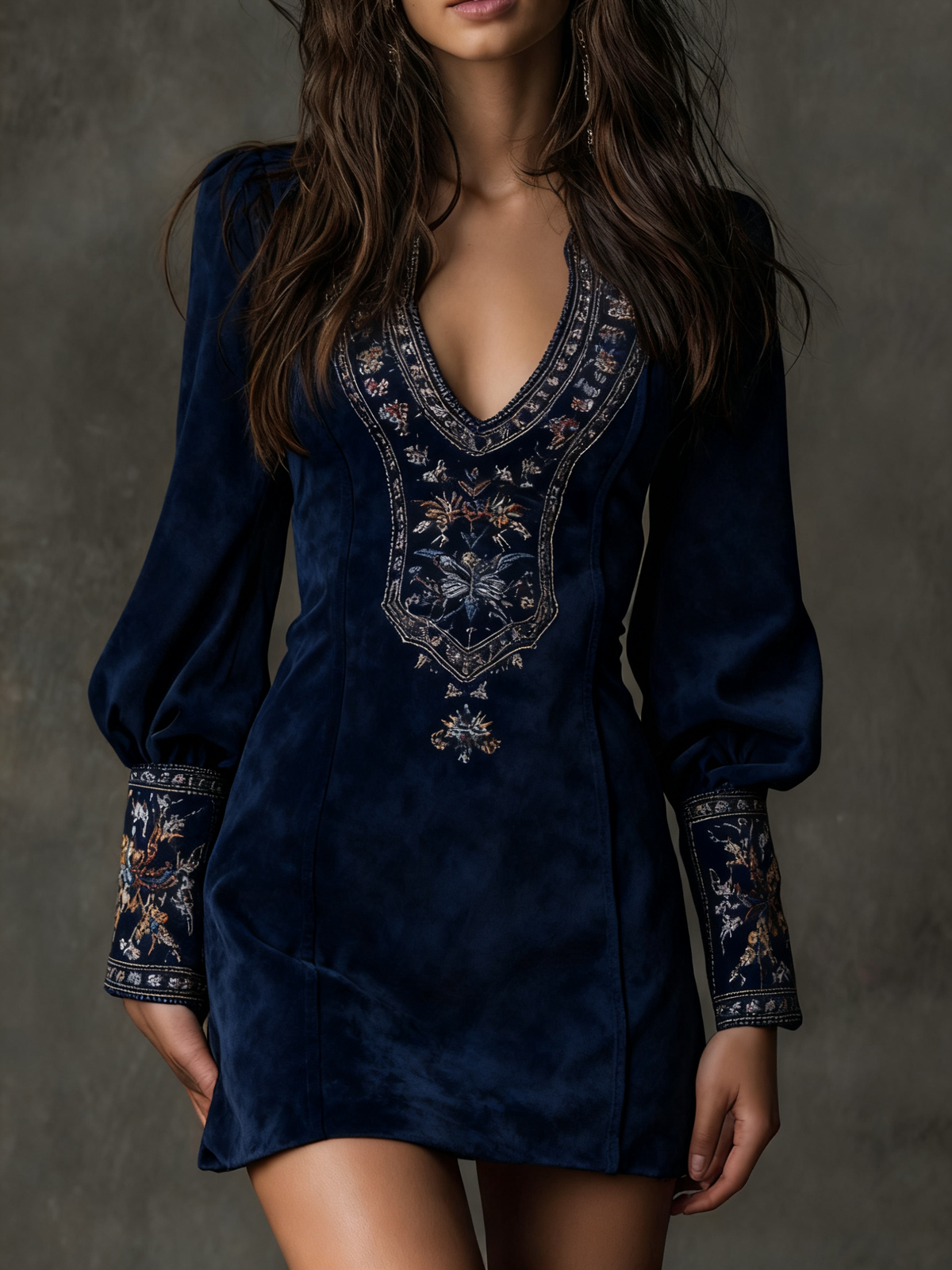 Izolda embroidered mini dress in navy, full front view