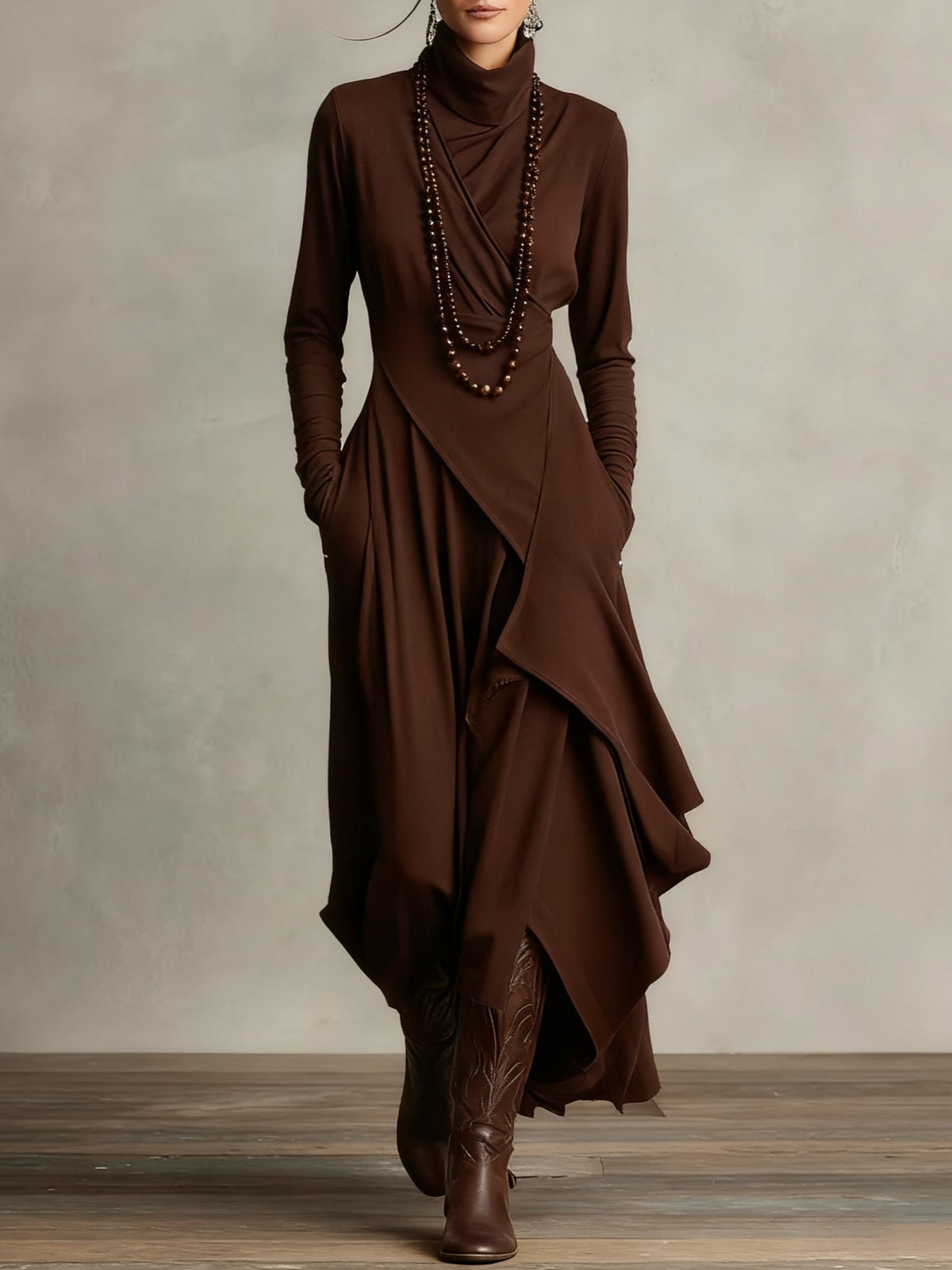 Nellie elegant maxi dress in brown, full-length front view