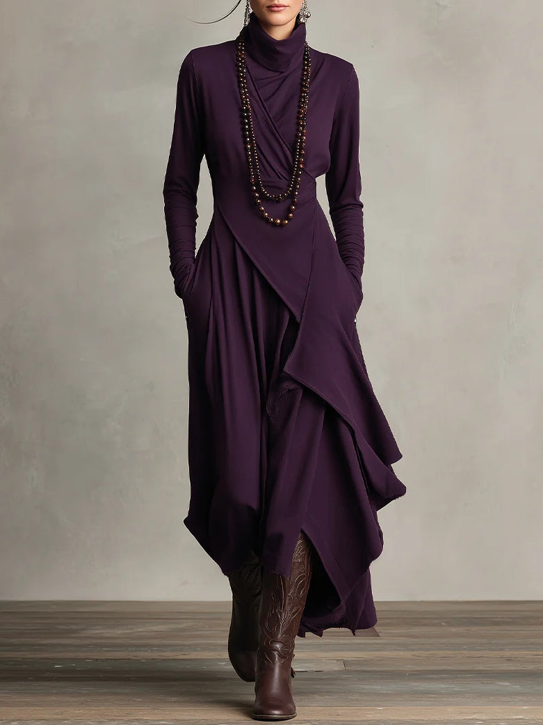 Marilyn maxi dress in purple, showing asymmetrical draped skirt