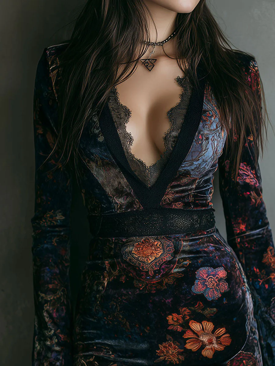 Close-up of Selene dress lace-trimmed V-neckline and textured waistband
