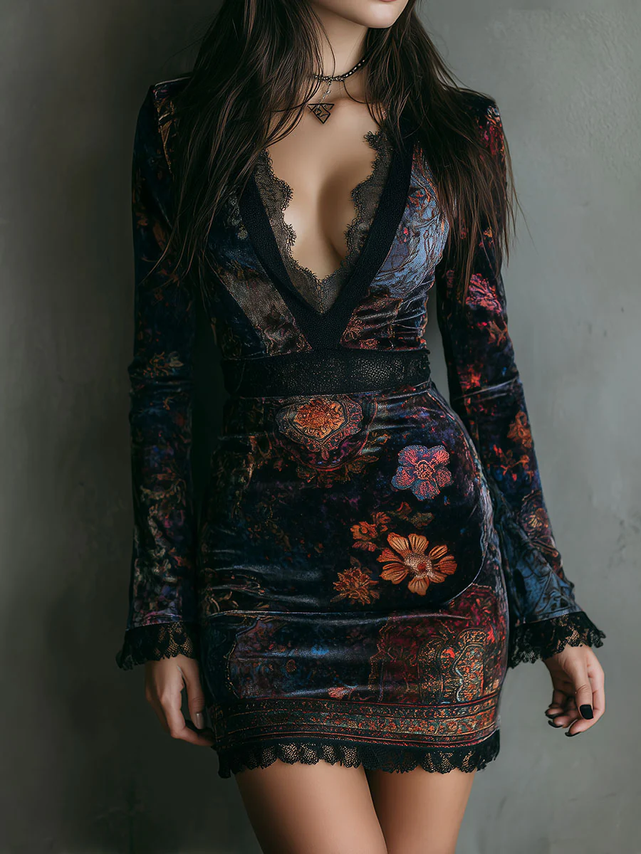 Selene floral velvet mini dress in dark multicolour, front view with deep V-neckline