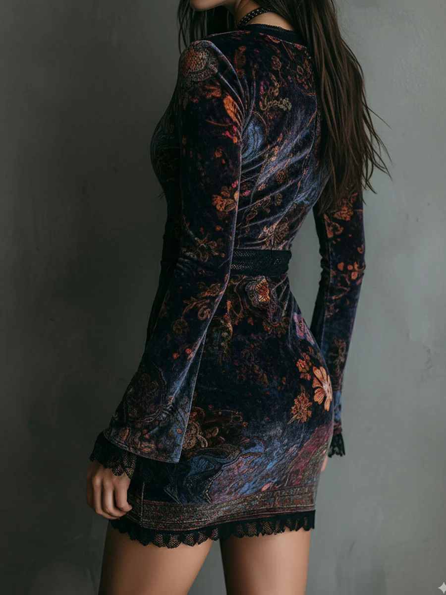 Selene floral velvet mini dress, back view showing lace hem trim