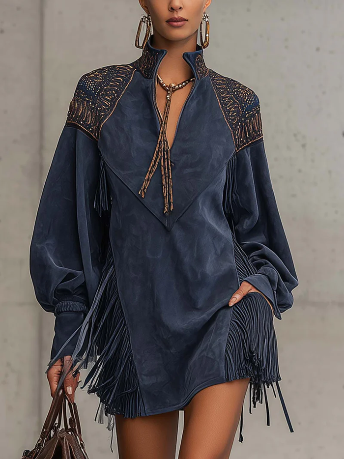 Juno indigo embroidered mini dress, front view with tassel fringe