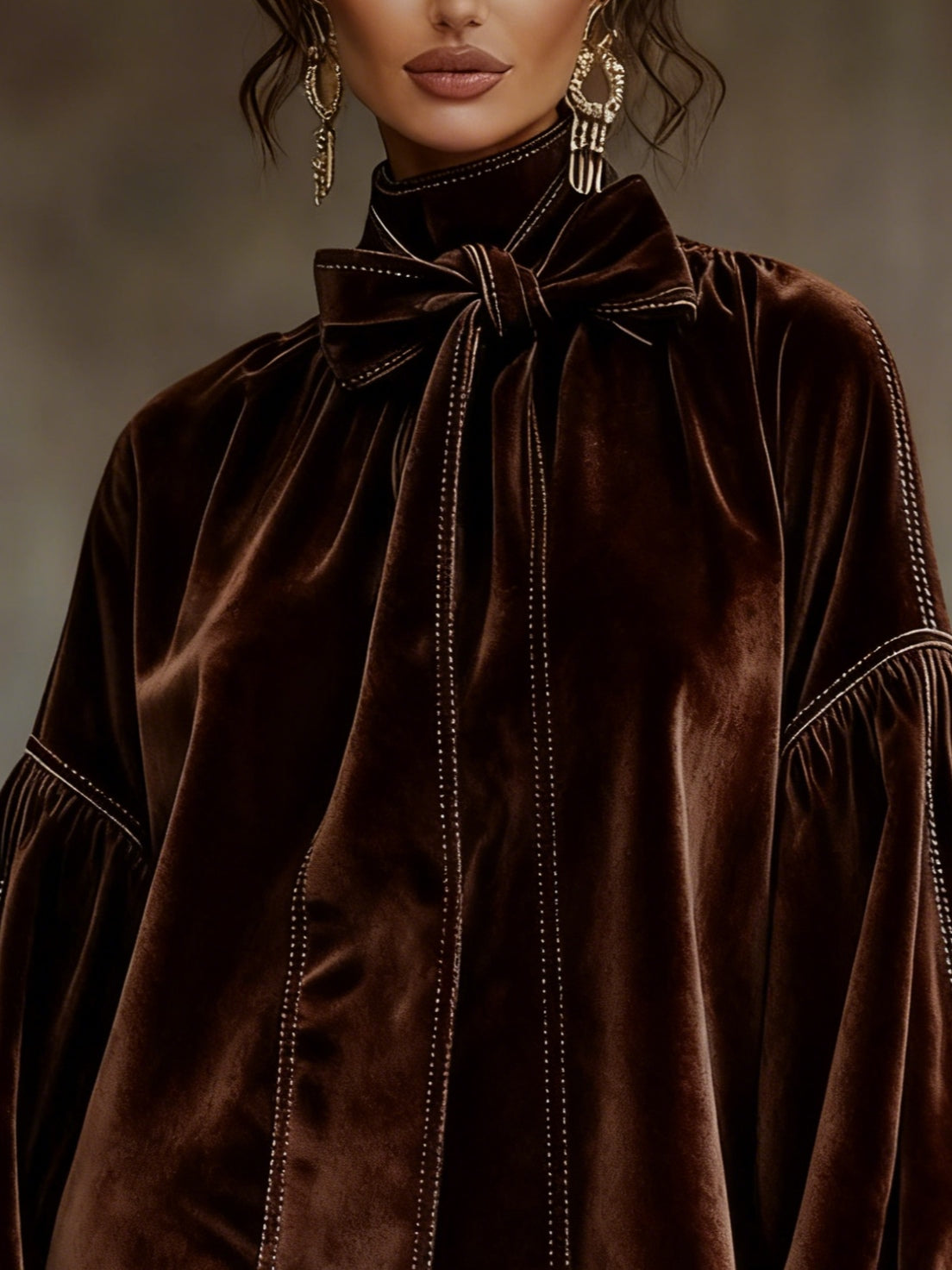 Celeste velvet mini dress in dark brown, close-up of bow and topstitching
