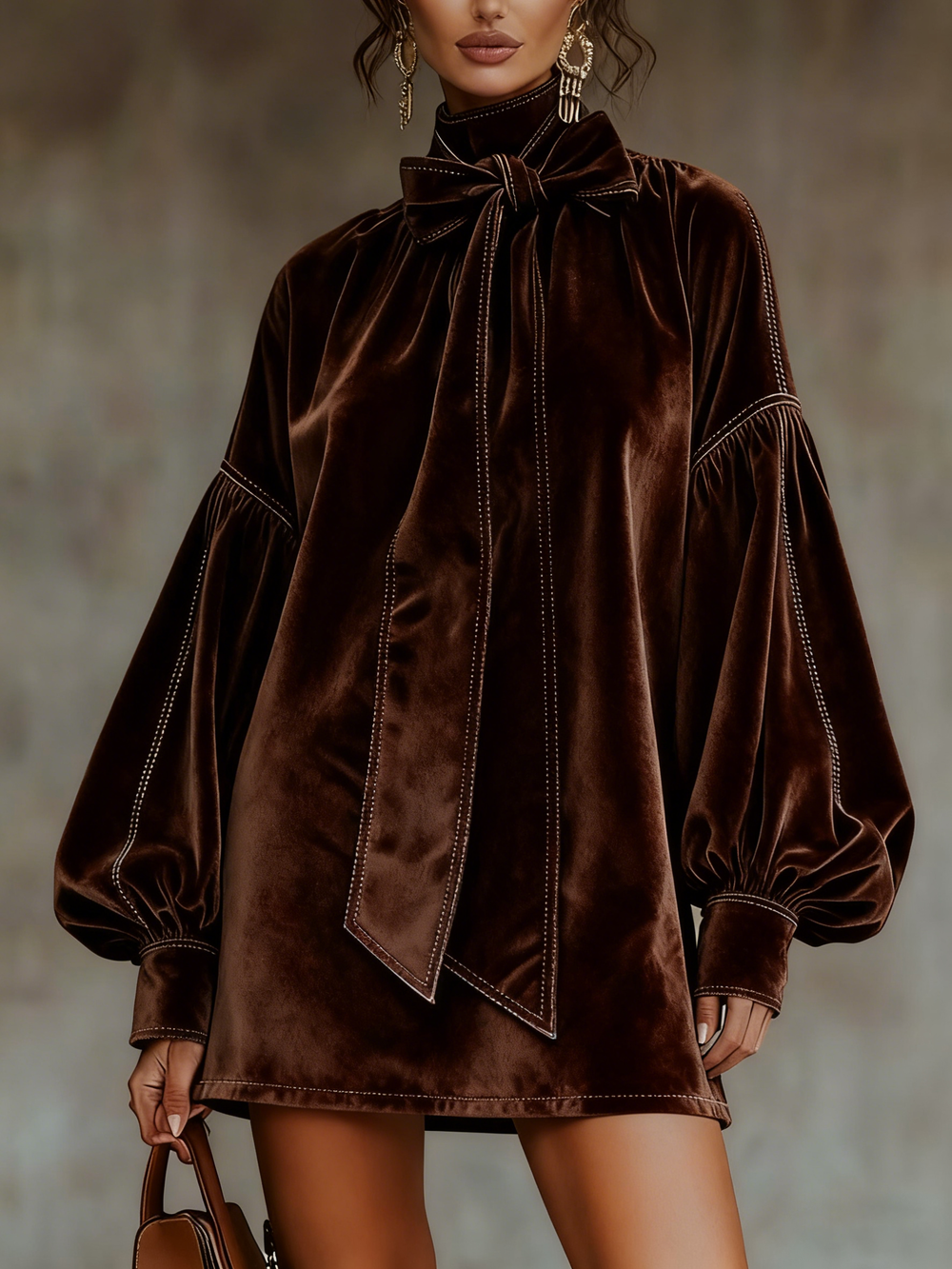 Celeste velvet mini dress in dark brown, front view with neck bow
