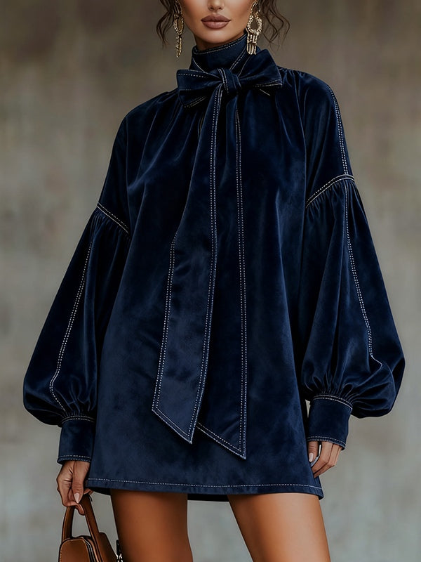 Liora velvet mini dress in dark blue, front view with neck bow