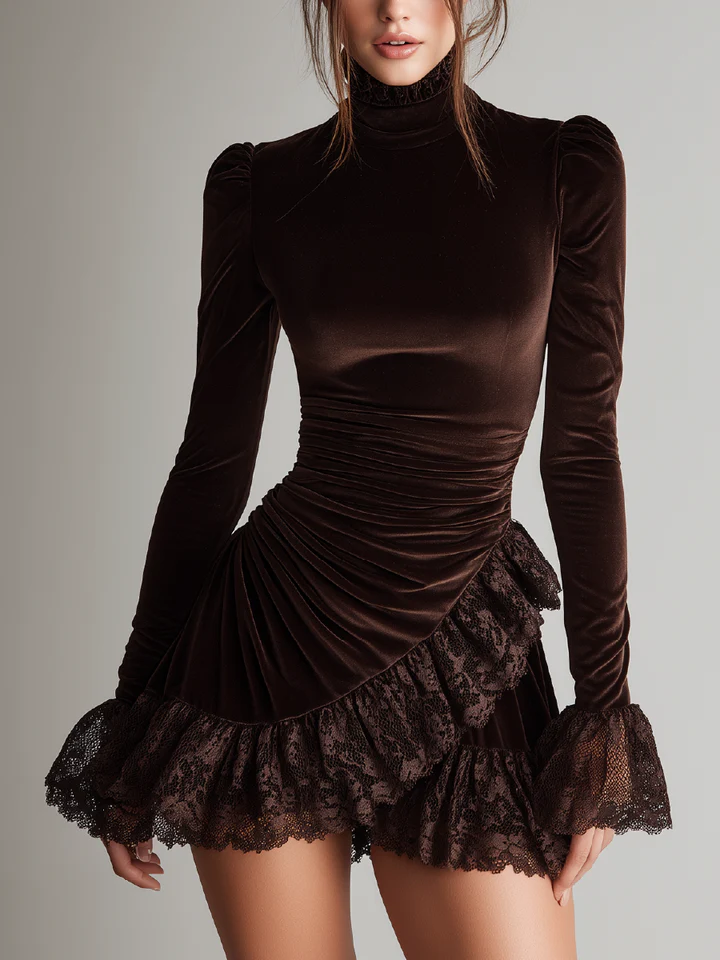 Maya brown velvet mini dress with turtleneck and lace ruffled hem, front view