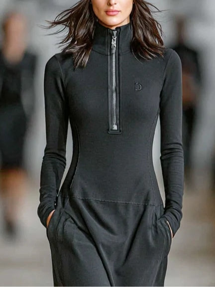 Luna maxi dress in black, close-up of half-high collar and front zip
