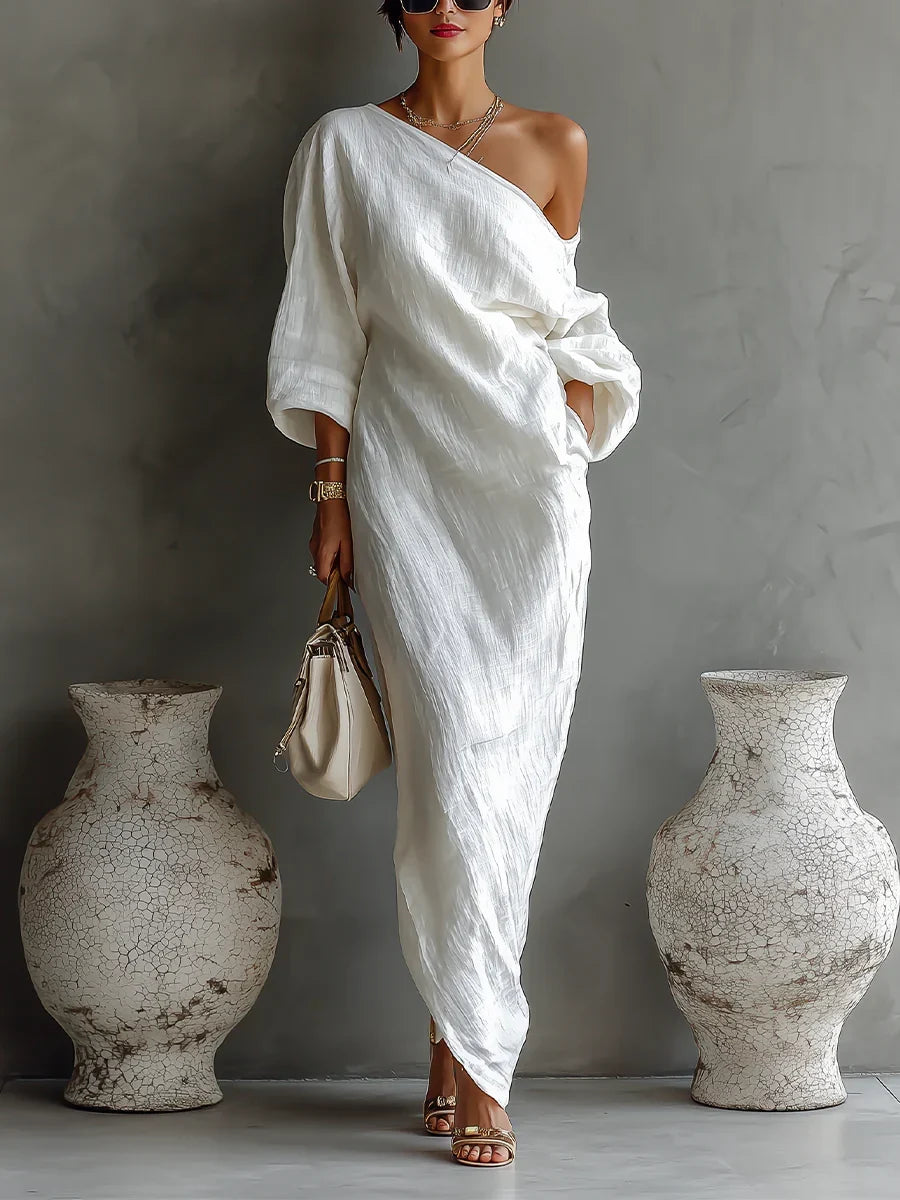 Elise asymmetric maxi dress in ivory, full-length front view