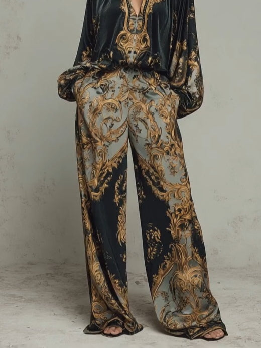 Isabella baroque print wide-leg trousers in black, gold and sage detail view
