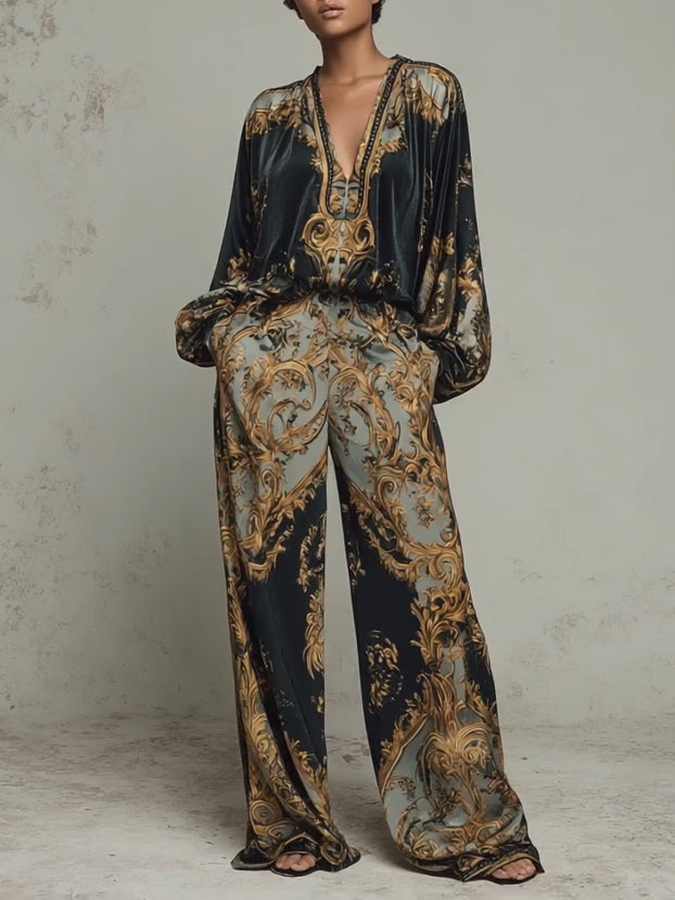 Isabella baroque print velvet suit in black and gold, full-length front view
