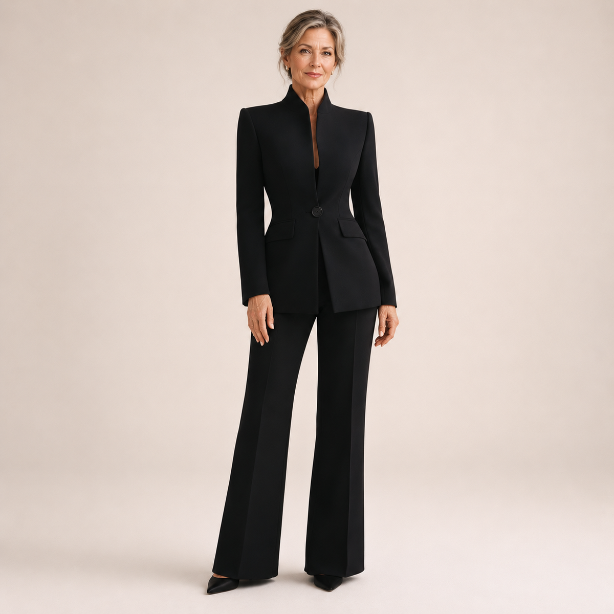 Gwendoline tailored wide-leg trouser suit in black with stand collar, full-length studio view