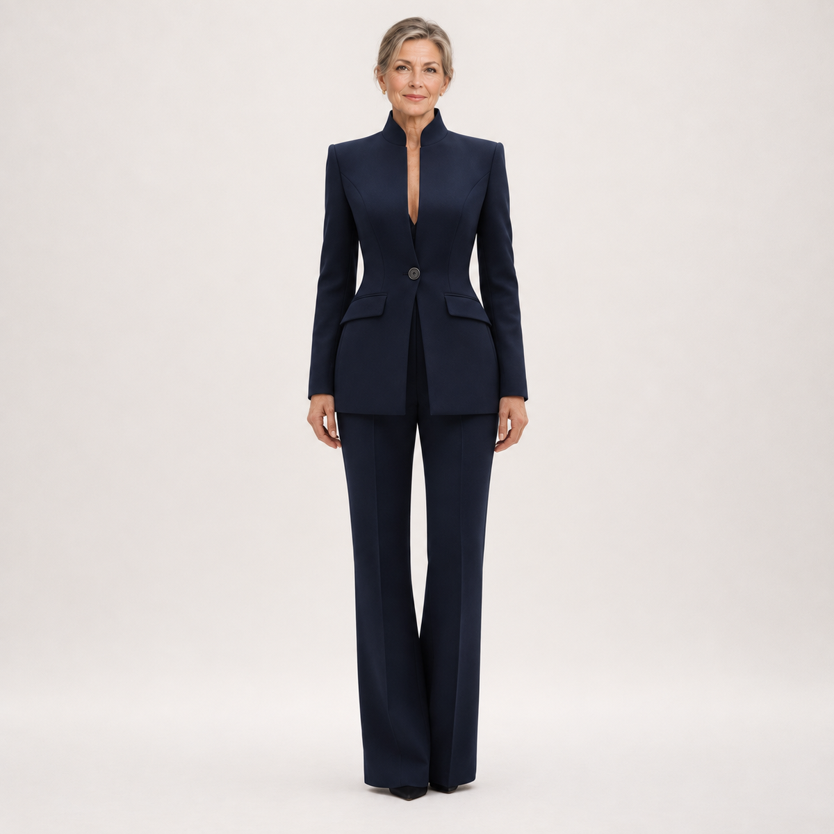 Gwendoline tailored wide-leg trouser suit in navy, full-length front view