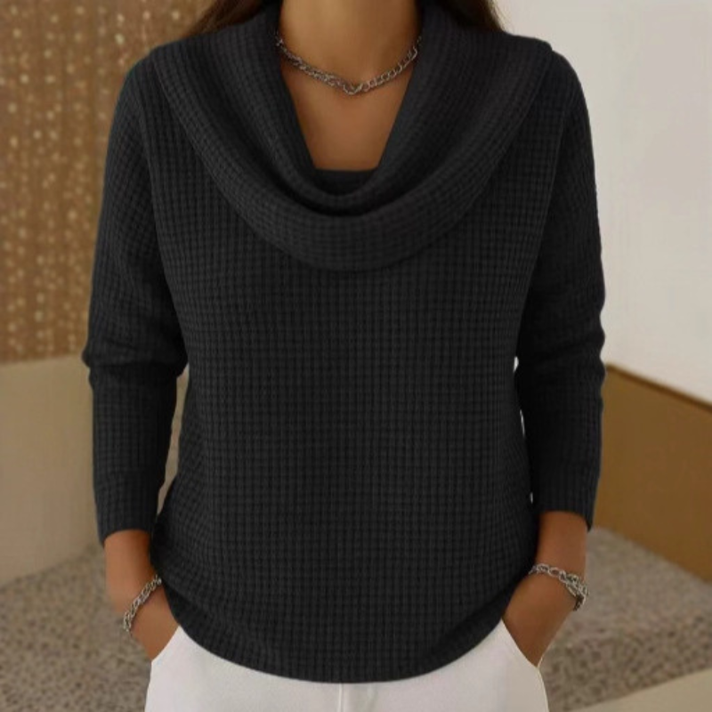 Amber Frost waffle-knit cowl neck sweater in black, front view