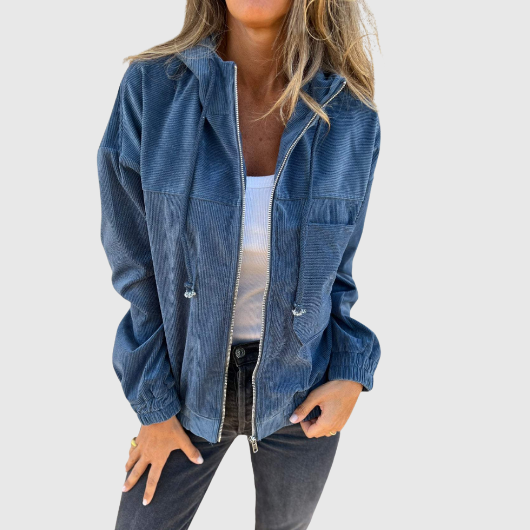Elviana hooded zip jacket in blue, front view