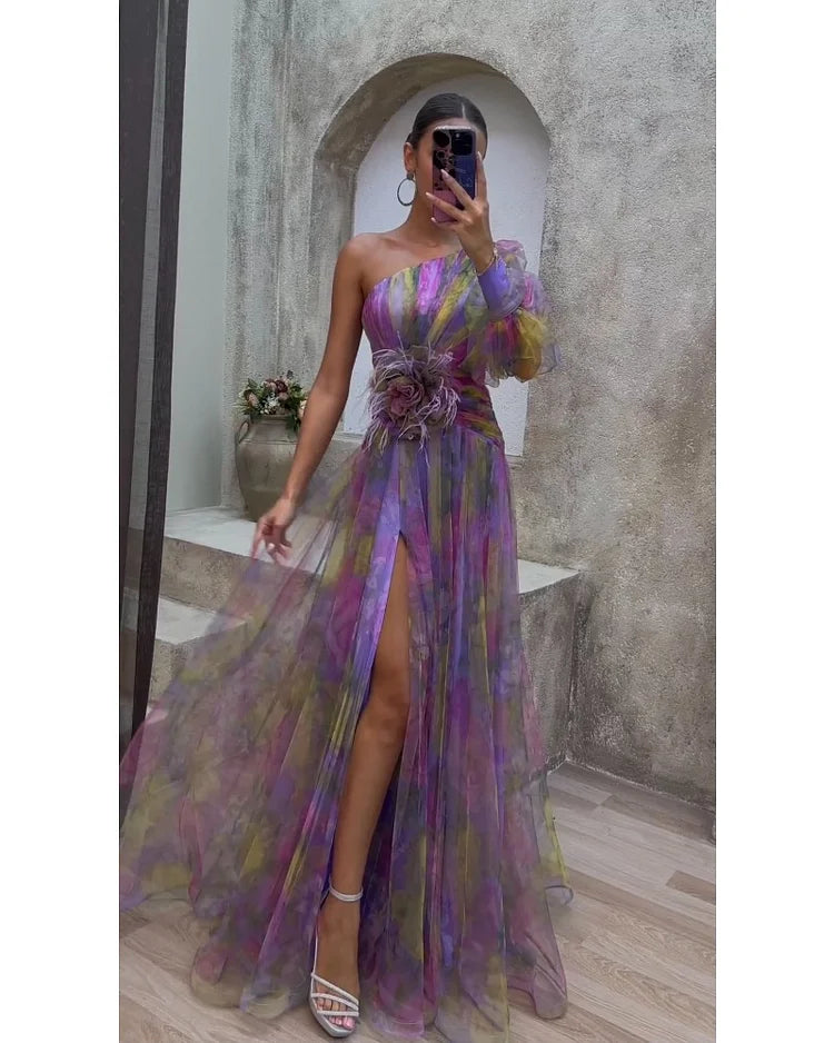 Orit floral maxi dress in lila, full-length side view with split