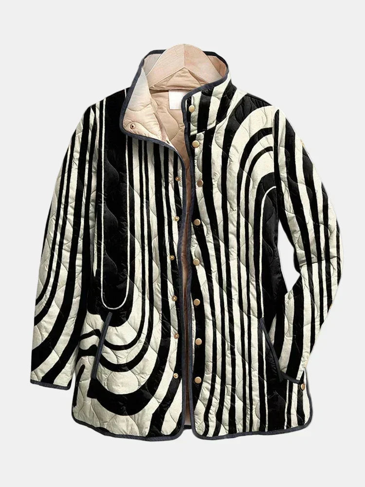 Soraya quilted jacket in black and cream abstract print, front view
