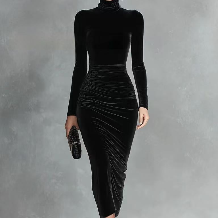 Sophia black fitted dress, close view of ruched waist and hip detail