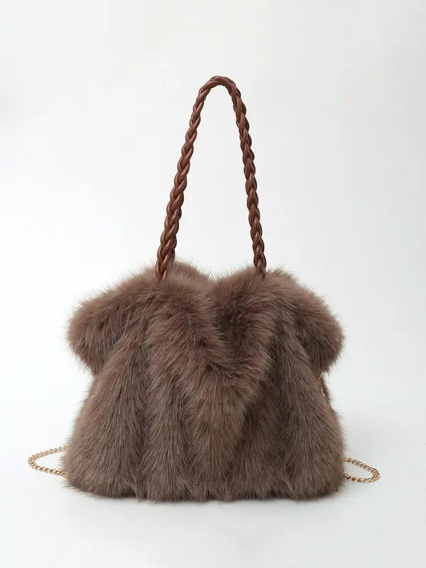 Charlotte plush shoulder tote bag in brown with braided handles, front view