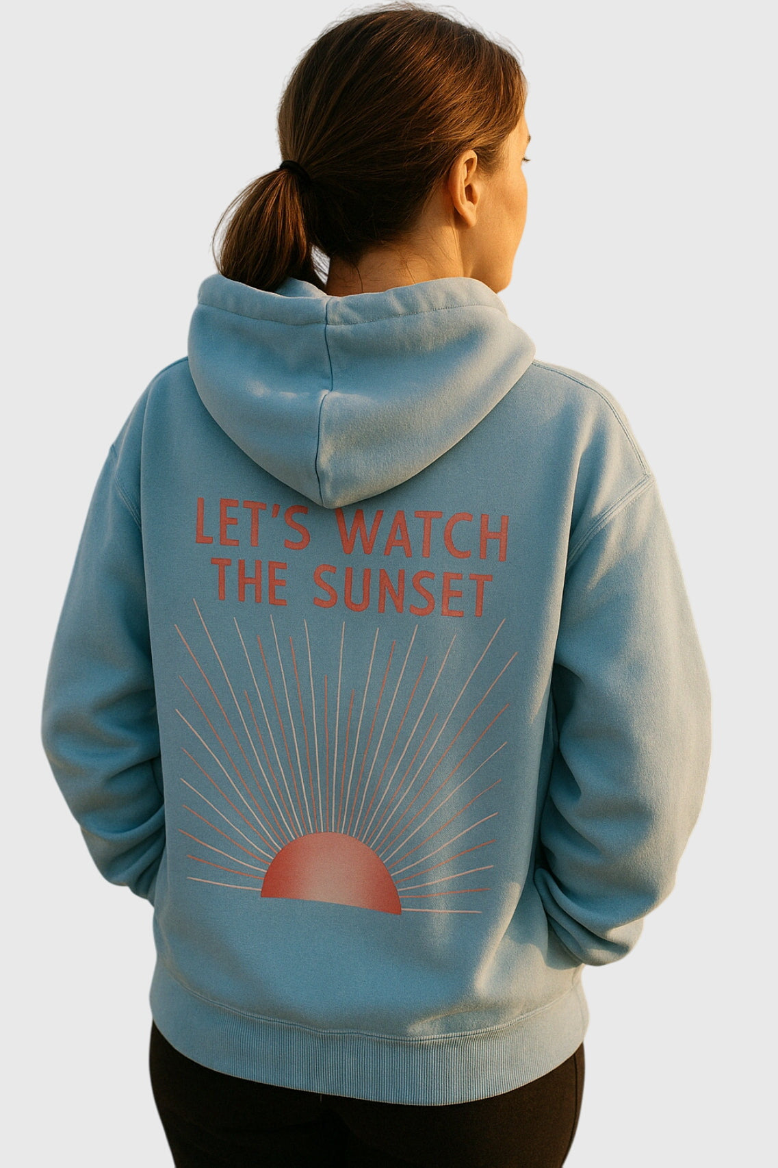 Zoey Evening Bliss hoodie in blue, back view with rising sun print
