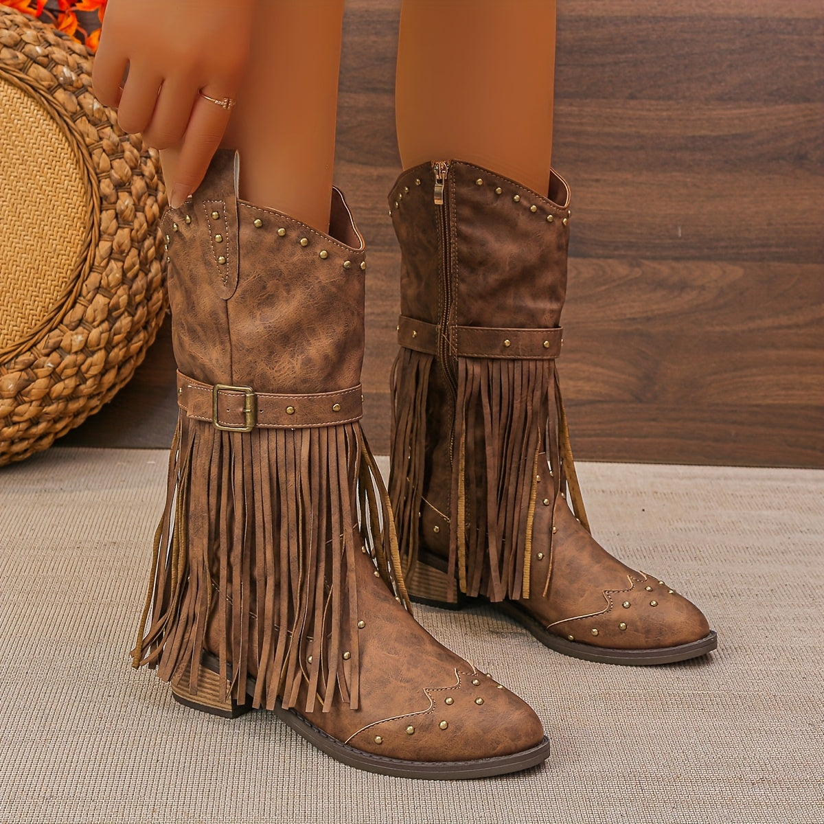 Aurelia western boots in light brown, front view with tassel fringe