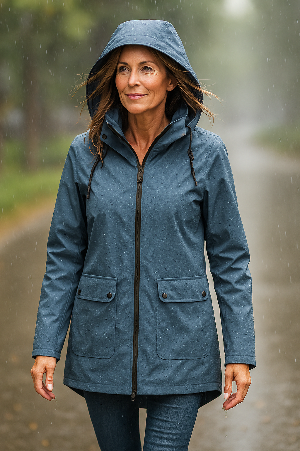 Isolde waterproof jacket in blue worn with hood up in the rain